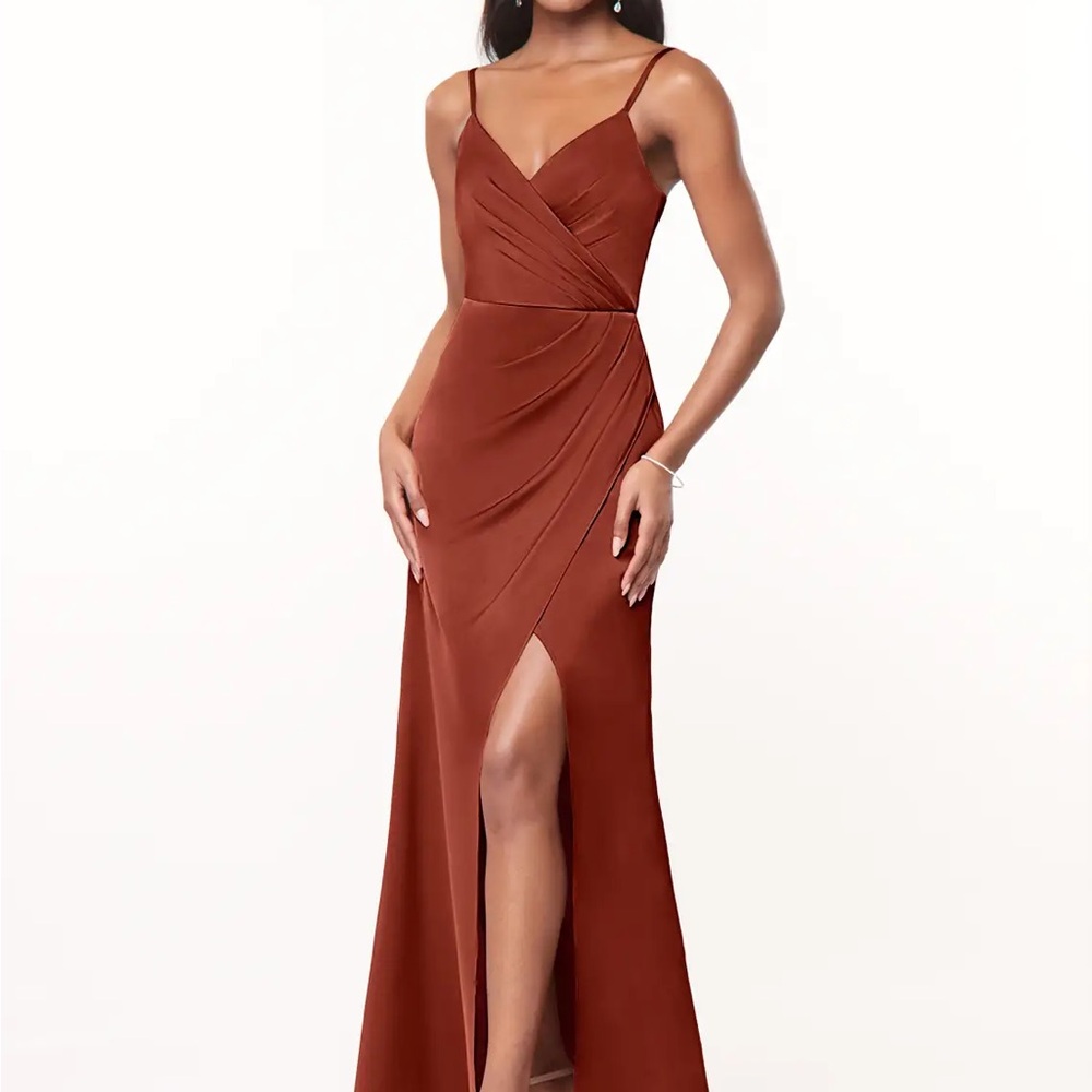 Terracotta A-Line V-Neck Pleated Stretch Satin Dress